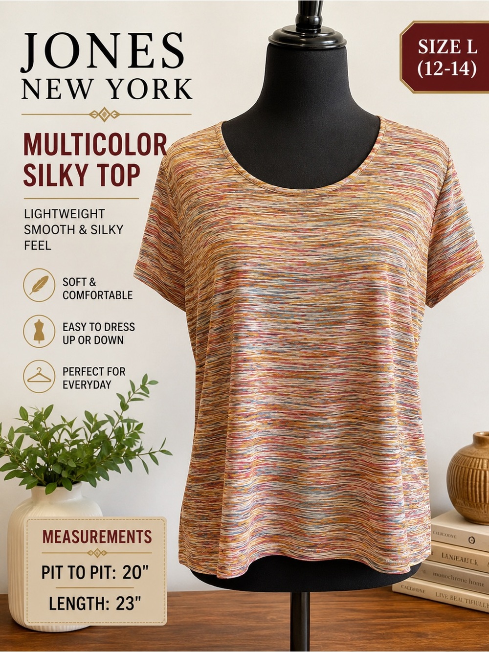 Jones New York Women’s Large Multicolor Silky Short Sleeve Top Scoop Neck